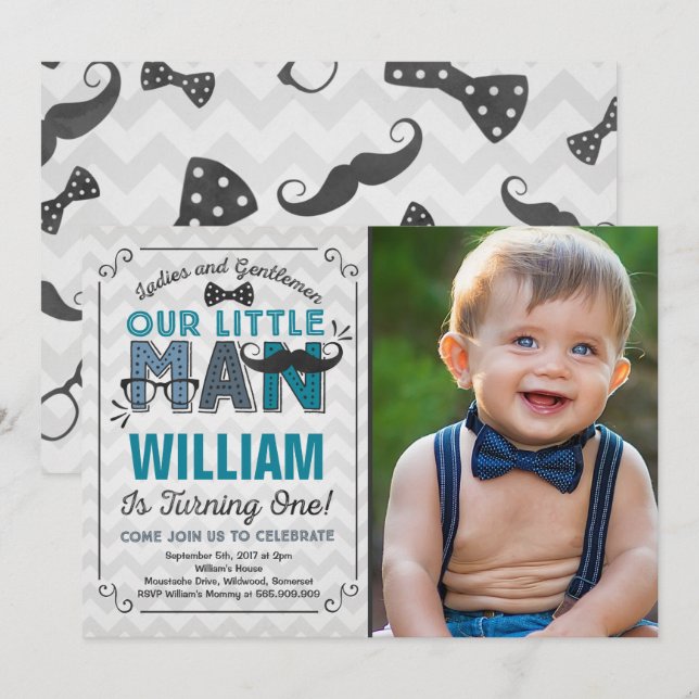 Little Man 1st Birthday Invitation Moustache Party (Front/Back)