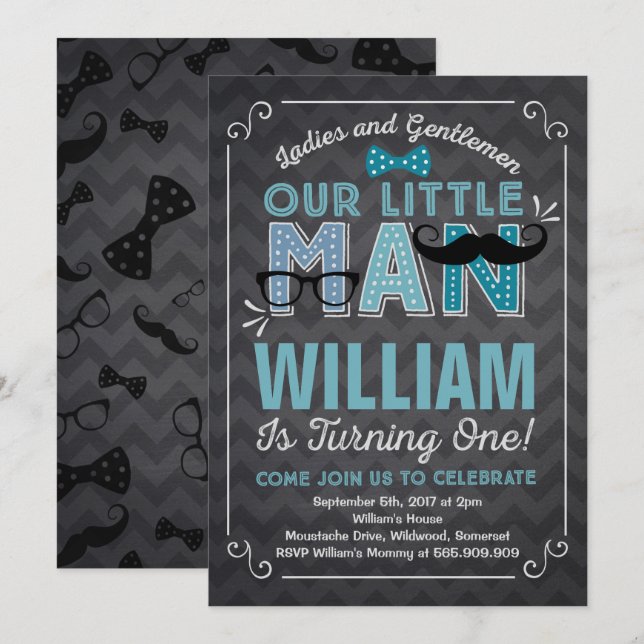 Little Man 1st Birthday Invitation Moustache Party (Front/Back)