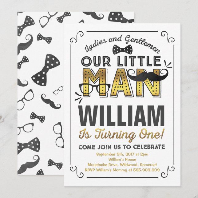 Little Man 1st Birthday Invitation Moustache Party (Front/Back)