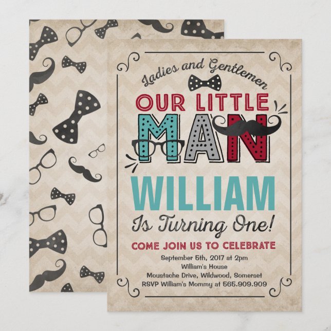 Little Man 1st Birthday Invitation Moustache Party (Front/Back)