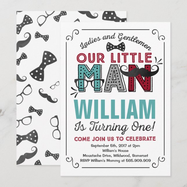 Little Man 1st Birthday Invitation Moustache Party (Front/Back)