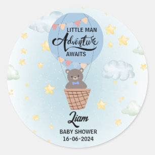  little man adventure awaits bear baby shower classic round sticker