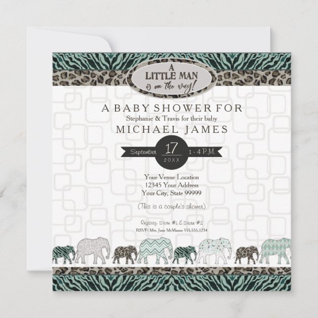 Little Man Baby Boy Safari Elephants Zebra Shower Invitation (Front)