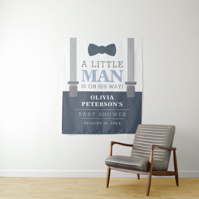 Little Man Baby Shower Backdrop, Navy, Grey Tapestry (In Situ)
