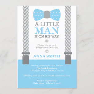 Little Man Baby Shower Invitation, Baby Blue, Grey Invitation