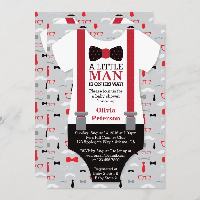 Little Man Baby Shower Invitation, Black, Red Invitation (Front/Back)