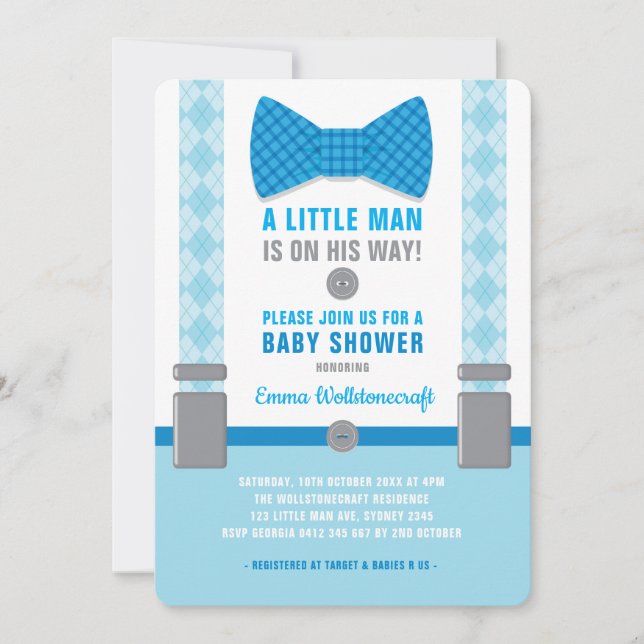 Little Man Baby Shower Invitation Blue Bowtie (Front)
