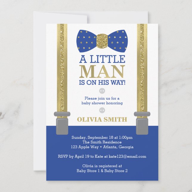 Little Man Baby Shower Invitation, Blue, Faux Gold Invitation (Front)