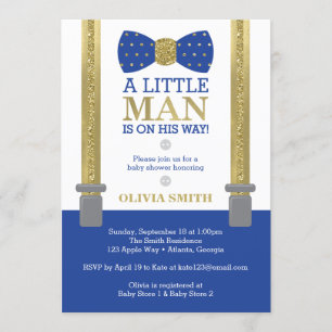 Little Man Baby Shower Invitation, Blue, Faux Gold Invitation