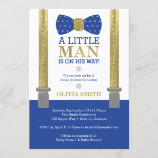 Little Man Baby Shower Invitation, Blue, Faux Gold Invitation