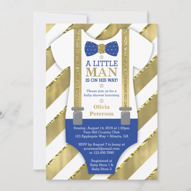 Little Man Baby Shower Invitation, Blue, Faux Gold Invitation (Front)