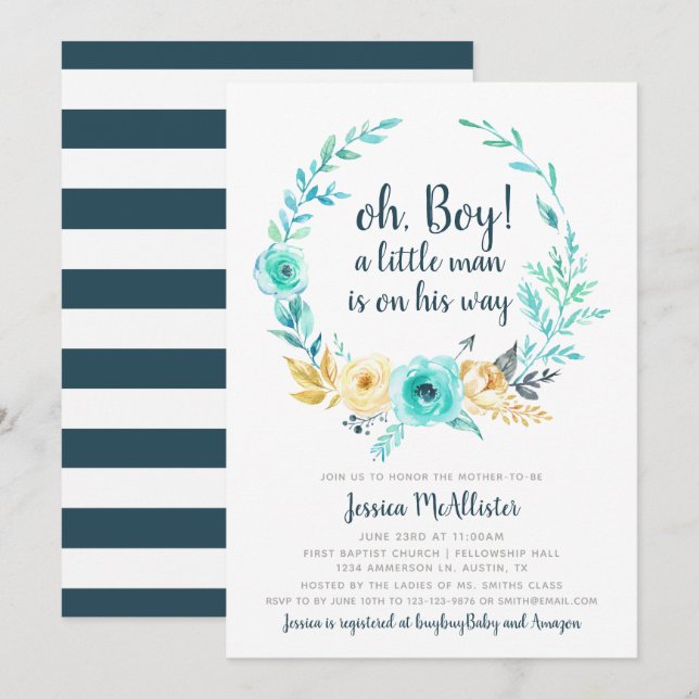 Little Man Baby Shower Invitation Blue Grey Card (Front/Back)