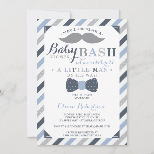 Little Man Baby Shower Invitation, Blue, Grey Invitation (Front)