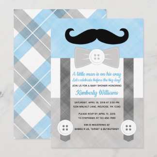 Little man baby shower invitation boy plaid blue
