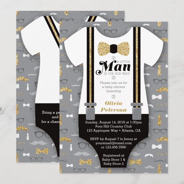 Little Man Baby Shower Invitation, Faux Glitter Invitation (Front/Back)