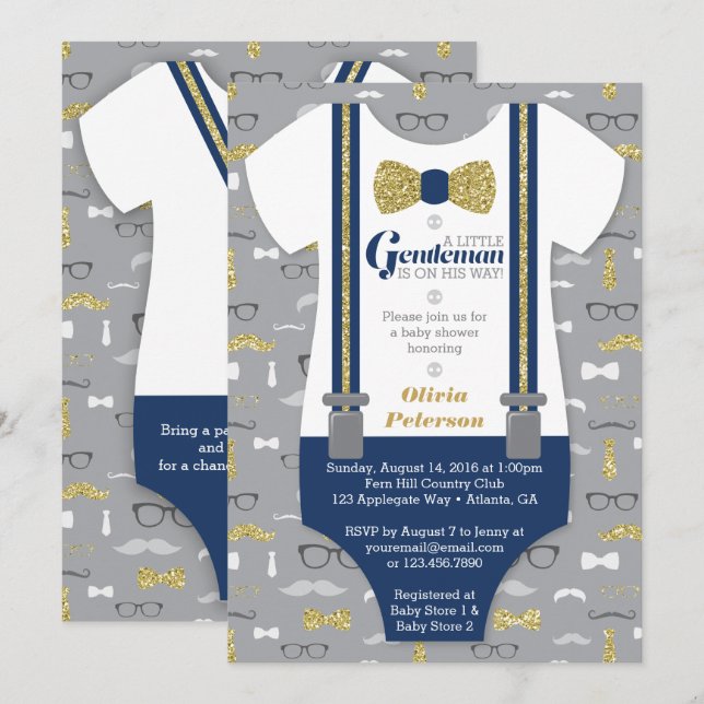 Little Man Baby Shower Invitation, Faux Glitter Invitation (Front/Back)
