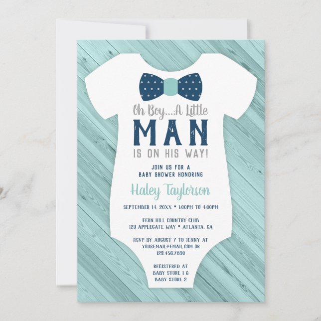 Little Man Baby Shower Invitation, Navy Blue, Aqua Invitation (Front)