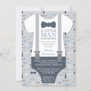 Little Man Baby Shower Invitation, Navy Blue, Grey Invitation