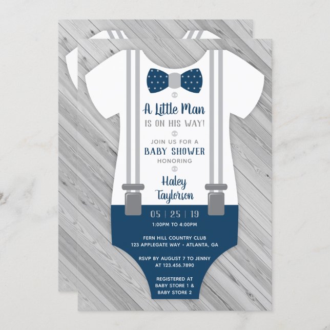 Little Man Baby Shower Invitation, Navy Blue, Grey Invitation Zazzle