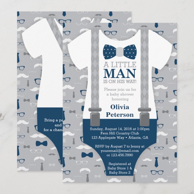 Little Man Baby Shower Invitation, Navy Blue, Grey Invitation (Front/Back)