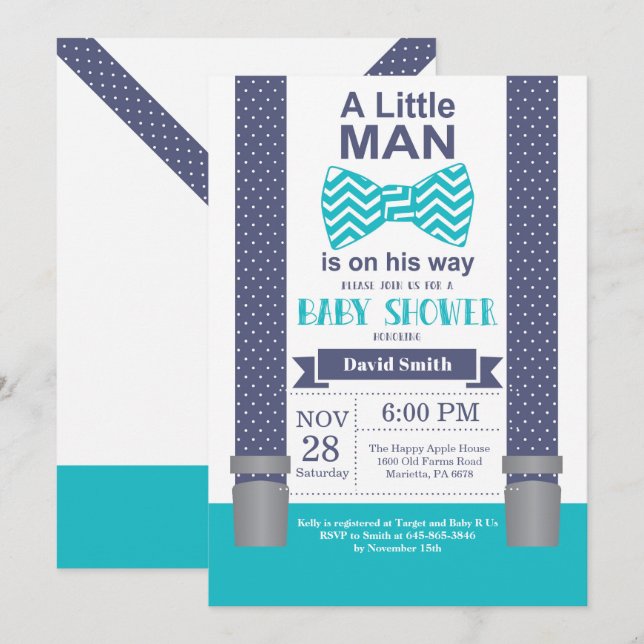 Little Man Baby Shower Invitation Navy Teal Aqua (Front/Back)