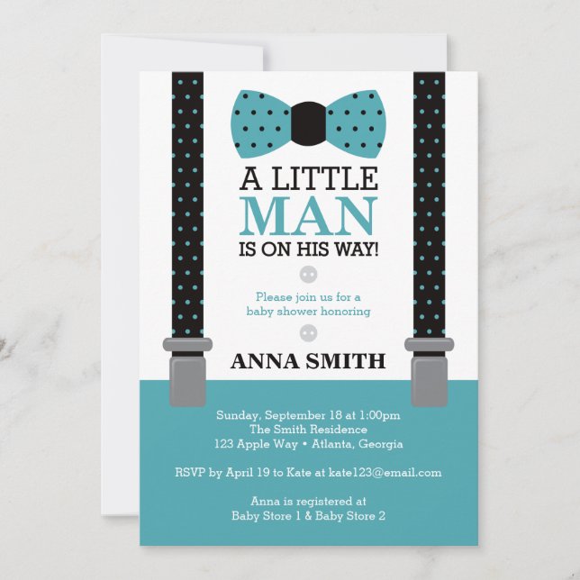 Little Man Baby Shower Invitation, Teal and Black Invitation (Front)