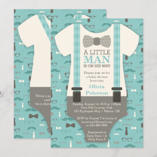 Little Man Baby Shower Invitation, Teal, Tan Invitation