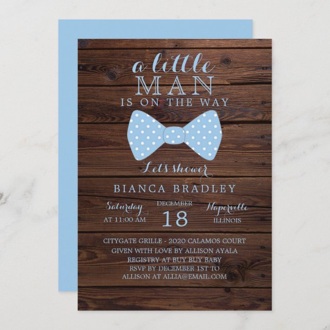 Little Man Baby Shower Invitation | Wood Bow Tie (Front/Back)