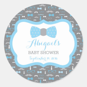 Little Man Baby Shower Sticker, Baby Blue, Grey Classic Round Sticker