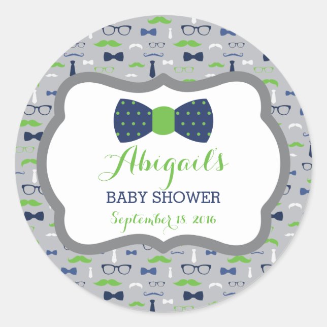 Little Man Baby Shower Sticker, Blue, Green, Grey Classic Round Sticker (Front)