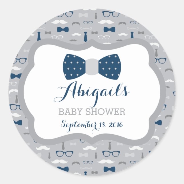 Little Man Baby Shower Sticker, Navy Blue, Grey Classic Round Sticker (Front)