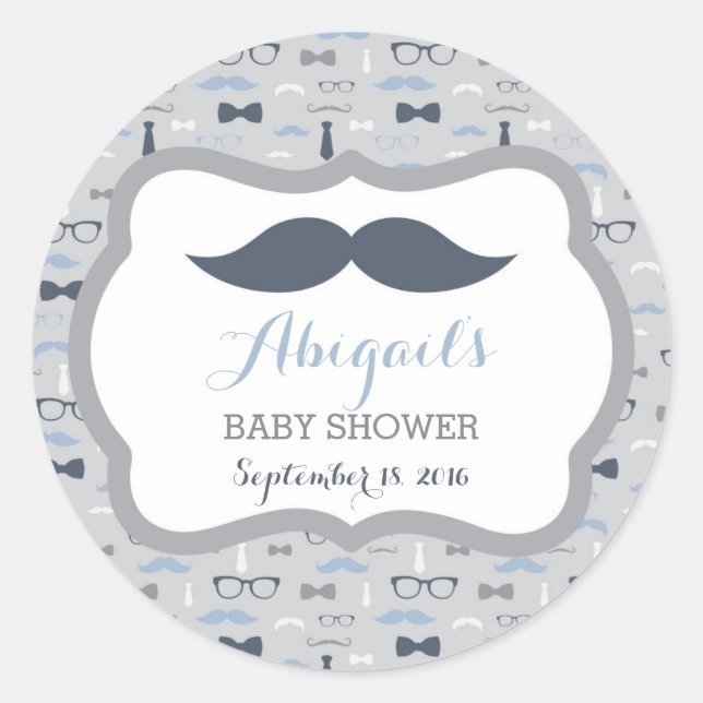 Little Man Baby Shower Sticker, Navy Blue, Grey Classic Round Sticker (Front)