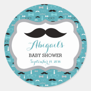 Little Man Baby Shower Sticker, Teal, Aqua, Black Classic Round Sticker