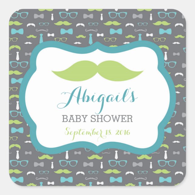 Little Man Baby Shower Sticker, Teal, Green, Grey Square Sticker (Front)