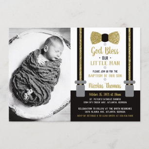 Little Man Baptism Invitation, Black, Gold Invitation
