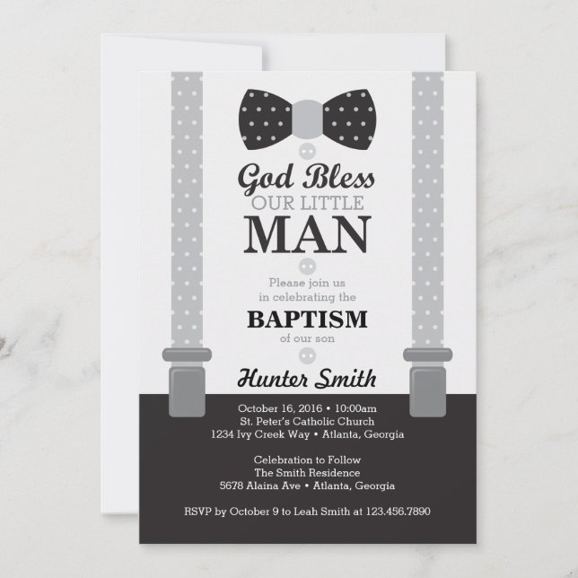 Little Man Baptism Invitation, Black, Grey Invitation (Front)