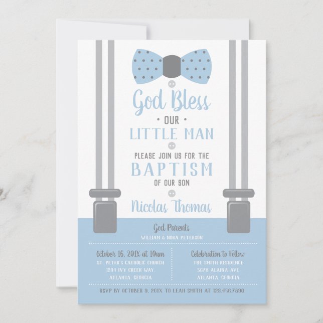 Little Man Baptism Invitation, Blue, Grey Invitation (Front)