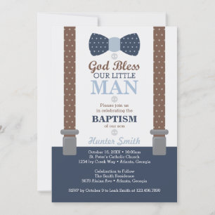 Little Man Baptism Invitation, Navy Blue, Brown Invitation