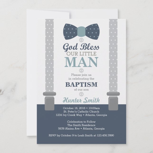 Little Man Baptism Invitation, Navy Blue, Grey Invitation (Front)