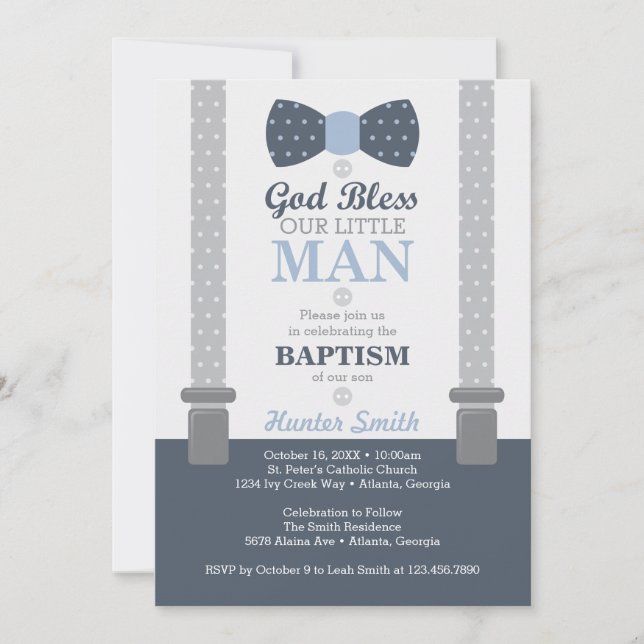 Little Man Baptism Invitation, Navy Blue, Grey Invitation (Front)