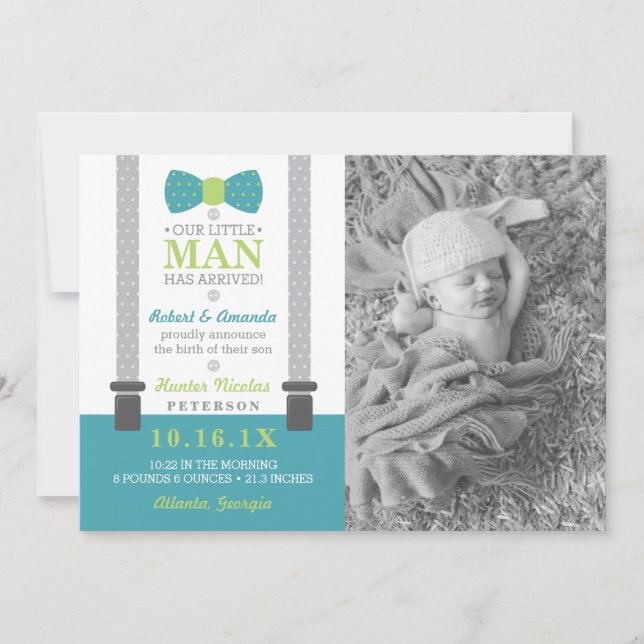 Little Man Birth Announcement, Teal, Green, Grey Announcement (Front)