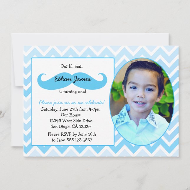 Little Man Birthday First invitation Moustache bas (Front)