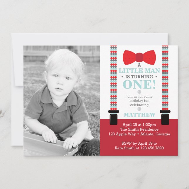 Little Man Birthday Party Invitation with Photo (Front)