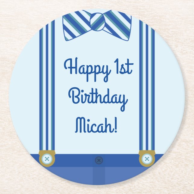 Little Man Birthday Party Round Paper Coaster (Front)