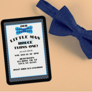 Little Man, Black Blue Bow Tie 1st Birthday Invitation