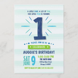 Little Man Blue and Green 1st Birthday Invitation