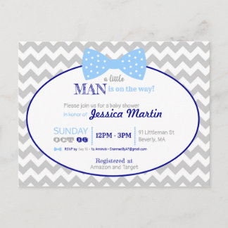Little Man Bow Navy Blue Grey Boy Baby Shower Postcard