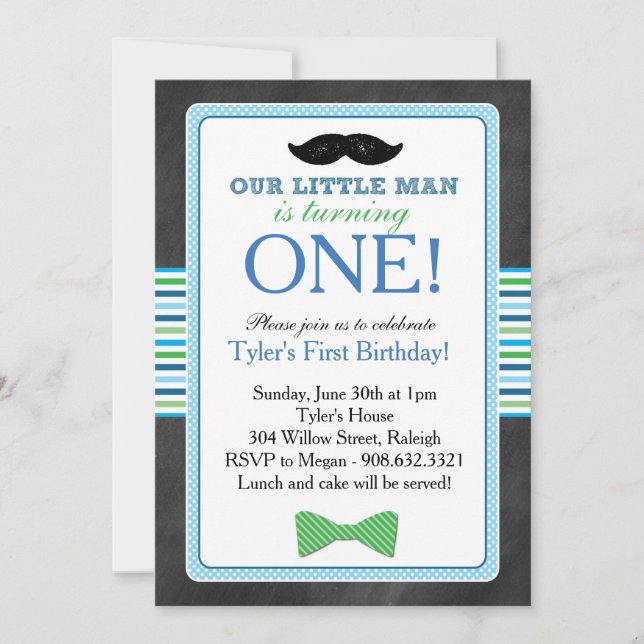 Little Man Bow Tie and Moustache Birthday (Blue) Invitation (Front)