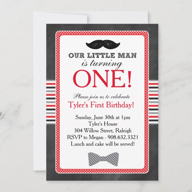 Little Man Bow Tie and Moustache Birthday (Red) Invitation (Front)