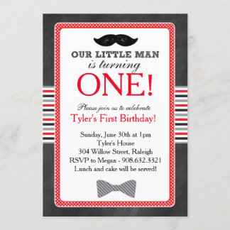 Little Man Bow Tie and Moustache Birthday (Red) Invitation